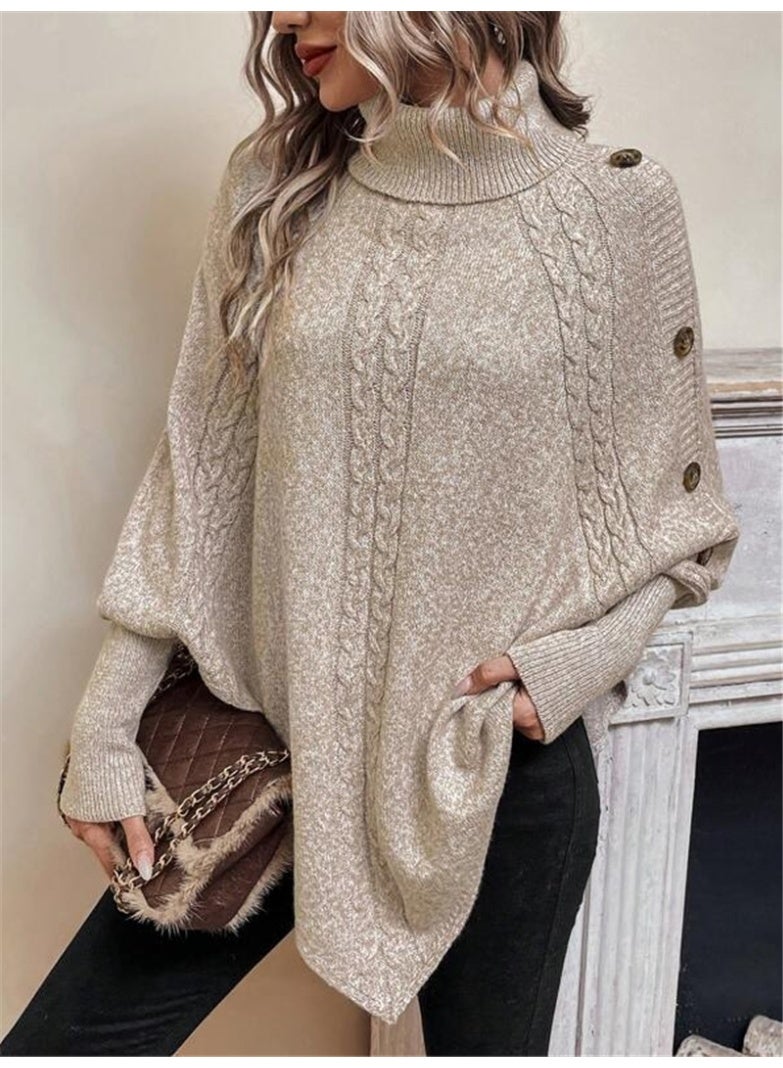 general 2025-2026 Autumn-Winter Plaid Women's Sweater Fashion High-neck Buttoned Long-Sleeved Batwing Top - Image 3