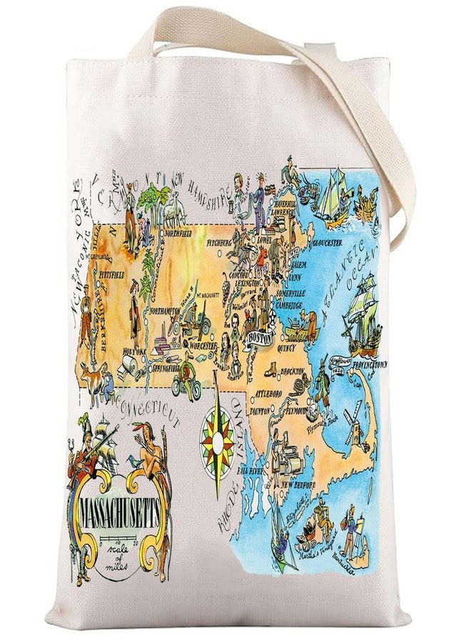 ليفلو حقيبة تسوق LEVLO Fun State Map Of Massachusetts Tote Bag، هدية تذكارية من ماساتشوستس، حقيبة كتف مزينة برسومات توضيحية من أربعينيات القرن العشرين (حقيبة تسوق ماساتشوستس) - Image 1