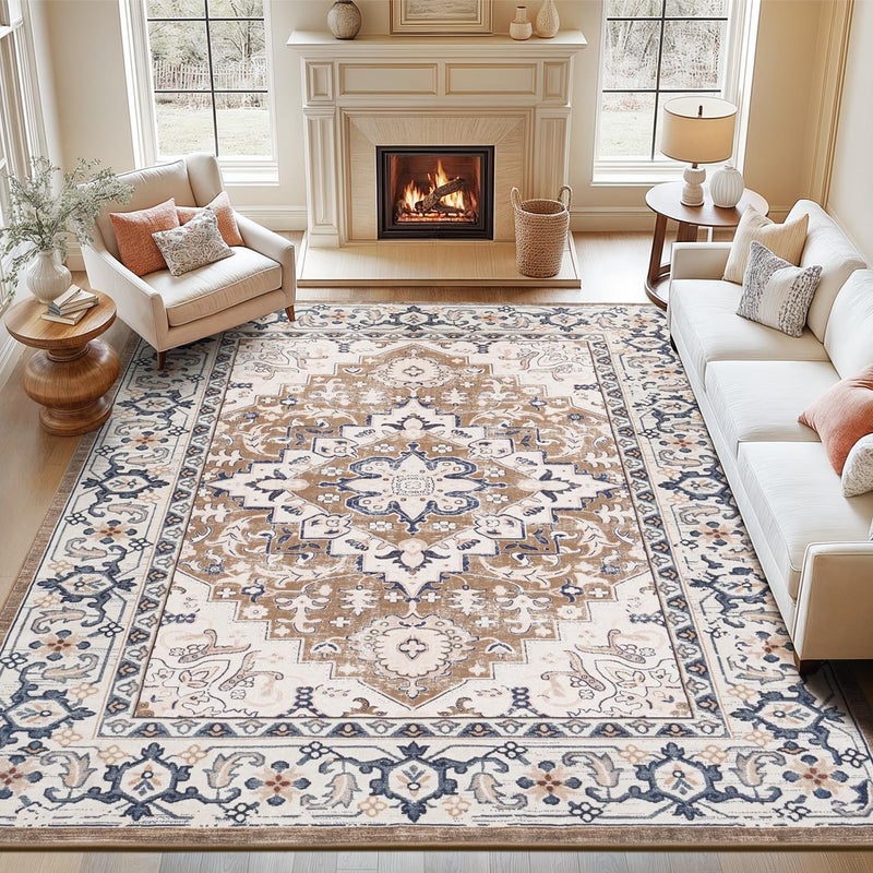 Lofus 8x10 Area Rugs for Living Room Washable Area Rug Rugs for Bedroom Kitchen Vintage Boho Carpet Soft NonSlip Low Pile Large Area Rug for Office Dining Room Floral Brown