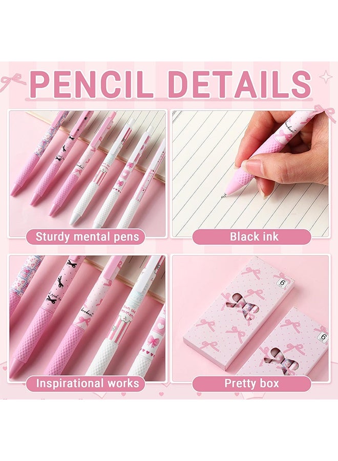 Lemon 6 Pcs Bow Pens Pink Ballet Girly School Supplies Cute Retractable 0. 5 mm Black Gel Ink Ballpoint Pens for Journaling Office Supplies Coquette Bow Party Favors(Coquette) - Image 3