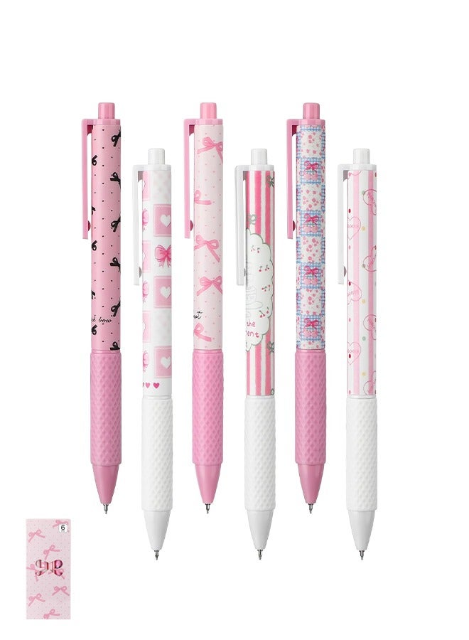 ليمون ٦ أقلام فيونكة وردية، لوازم مدرسية أنيقة، قابلة للسحب، حبر جل أسود، ٠.٥ مم، أقلام حبر جاف، لتدوين اليوميات، لوازم مكتبية، هدايا حفلات مزينة بفيونكة (كوكيت). - Image 1