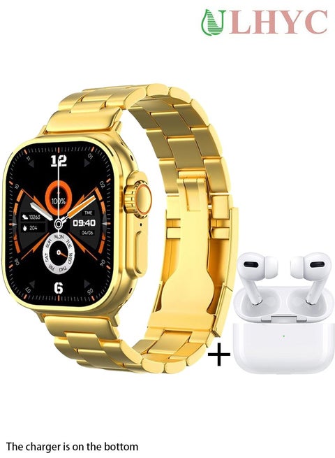10 in 1 Ultra Watch Series 9 Smart Watch and Earphone 49mm Steel Case with Golden Sport Steel Band and 5 Silicon Band and 2 Woven Band and 1 Protect Cover