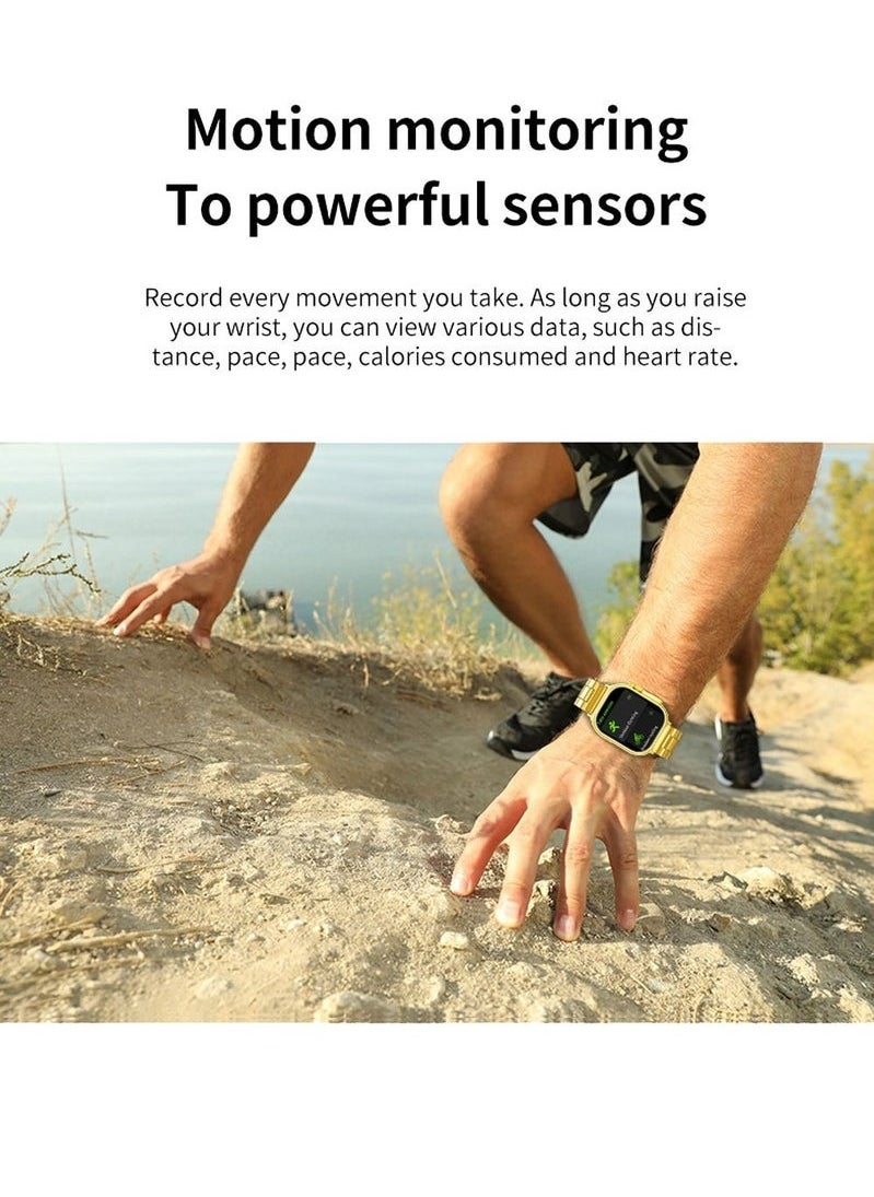 ULHYC - 10 in 1 Ultra Watch Series 9 Smart Watch and Earphone 49mm Steel Case with Golden Sport Steel Band and 5 Silicon Band and 2 Woven Band and 1 Protect Cover - Image 1