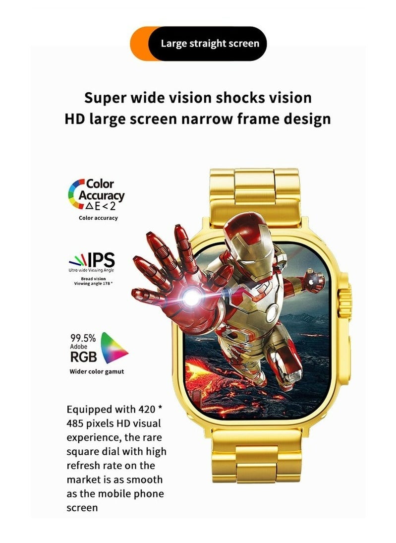 ULHYC - 10 in 1 Ultra Watch Series 9 Smart Watch and Earphone 49mm Steel Case with Golden Sport Steel Band and 5 Silicon Band and 2 Woven Band and 1 Protect Cover - Image 1