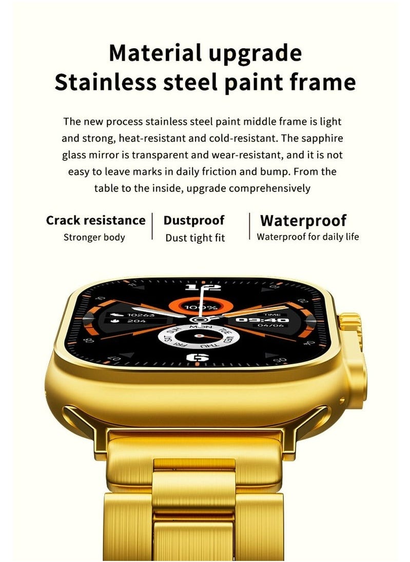 ULHYC - 10 in 1 Ultra Watch Series 9 Smart Watch and Earphone 49mm Steel Case with Golden Sport Steel Band and 5 Silicon Band and 2 Woven Band and 1 Protect Cover - Image 1