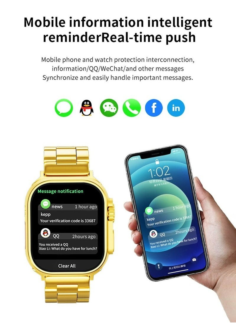 ULHYC - 10 in 1 Ultra Watch Series 9 Smart Watch and Earphone 49mm Steel Case with Golden Sport Steel Band and 5 Silicon Band and 2 Woven Band and 1 Protect Cover - Image 1