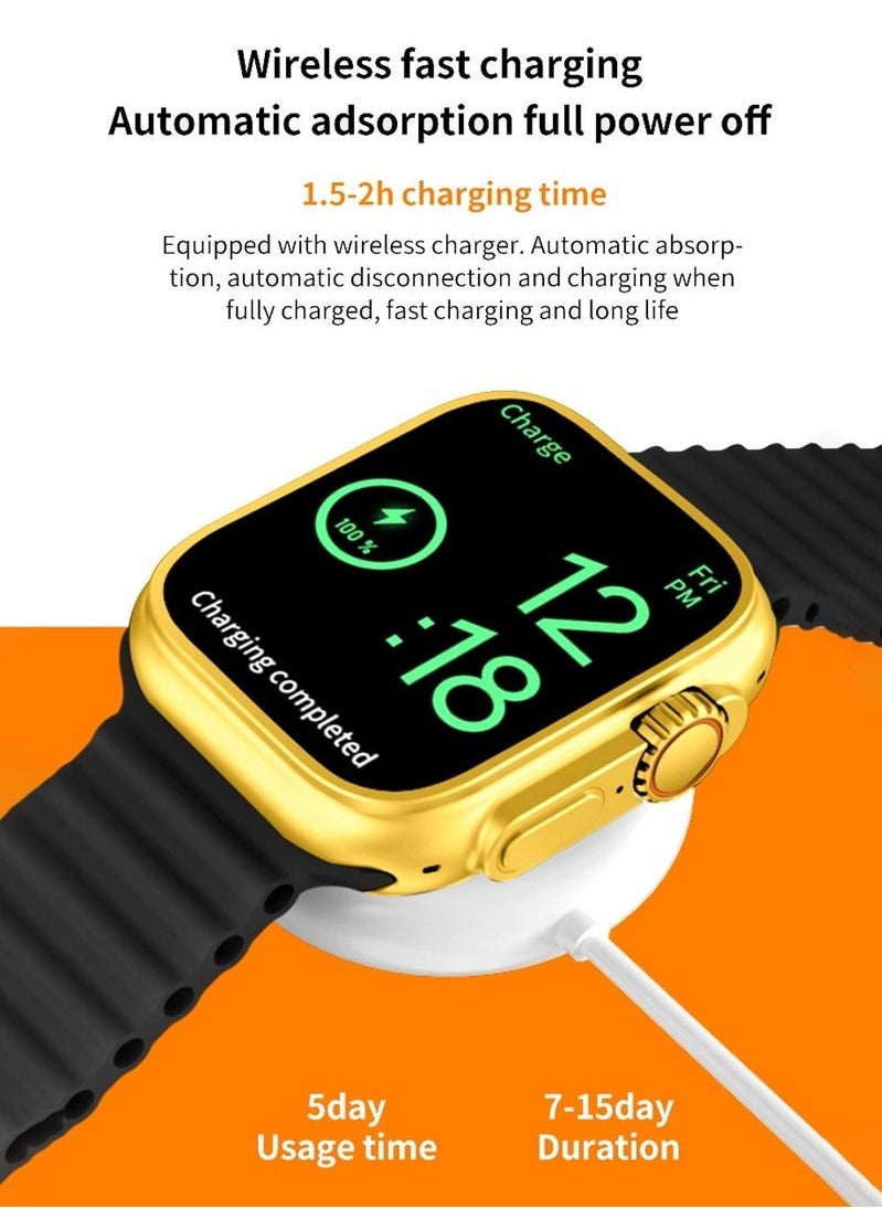 ULHYC - 10 in 1 Ultra Watch Series 9 Smart Watch and Earphone 49mm Steel Case with Golden Sport Steel Band and 5 Silicon Band and 2 Woven Band and 1 Protect Cover - Image 1