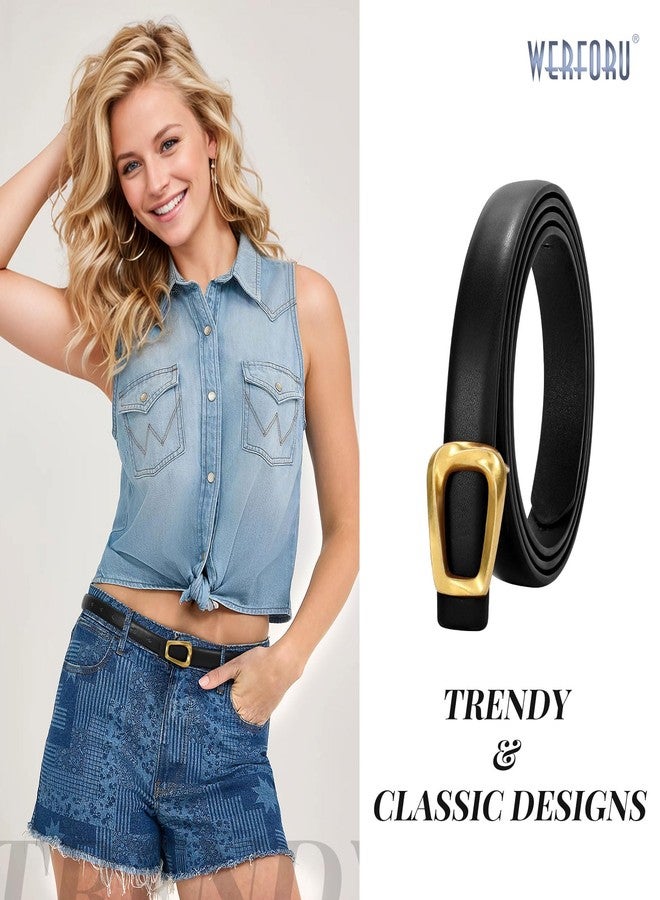 WERFORU Women’s Leather Belt with Gold Buckle Thin Belts for Women Fashion Waist Belts for Jeans Pants,C-black-antique Gold,Fit Waist Size 37-41 Inches - Image 2