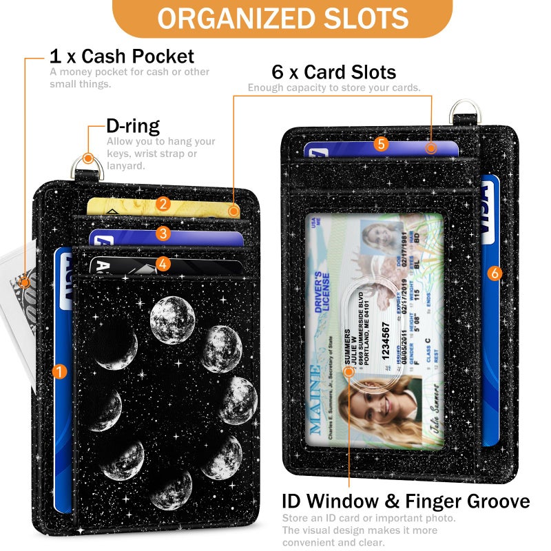 Yonlevres Credit Card Holder Slim Wallet, Moon Lunar Black RFID Wallet Women Front Pocket Small Card Holder, Travel Cute Funny Thin Card Case ID Window PU Leather RFID Blocking Card Organizer Gifts - Image 4
