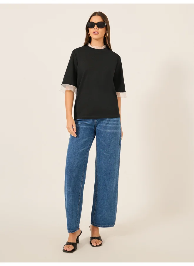 Styli Styli Ribbed Lace Detail Elbow Sleeve Relaxed Fit T-Shirt