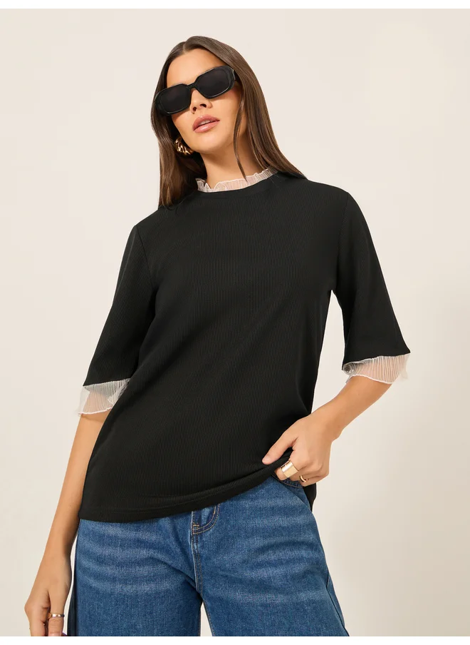 Styli Styli Ribbed Lace Detail Elbow Sleeve Relaxed Fit T-Shirt