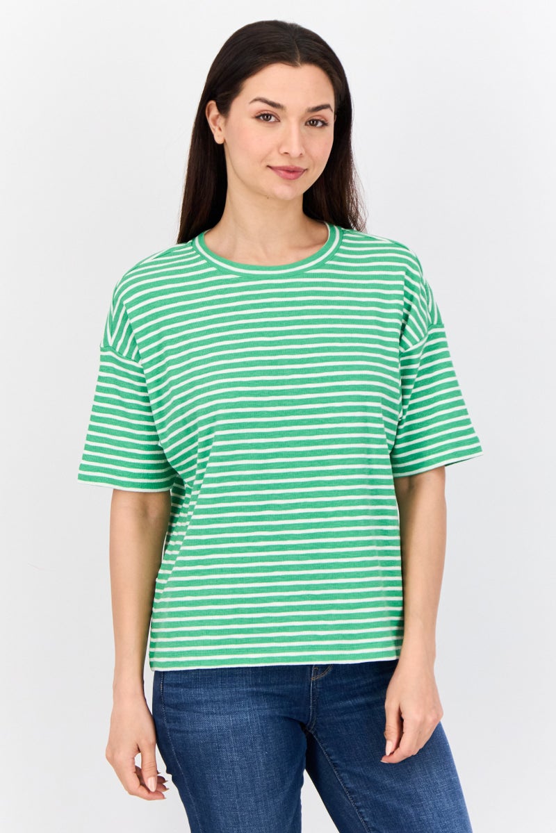 ESPRIT Women Ribbed Collar Short Sleeves Yarn Dye T-Shirt, Multicolor - Image 1