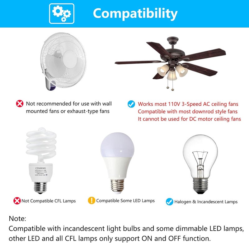 CENMING Universal Ceiling Fan Remote Control and Receiver Kit for Hampton Bay Hunter Harbor Breeze, 3-Speed Light Dimmer, Replacement for FAN28R FAN-53T L3H2010FANHD CHQ7078T UC7078T Fan-HD HD5 Kit - Image 3