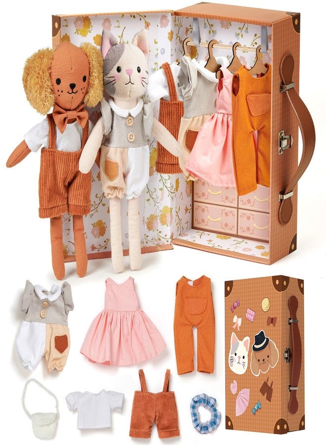 Golray Portable Dress Up Plush Doll Set with Storage Case, Cat & Dog Stuffed Animal Toys, Doll Clothes with Wooden Hangers & Suitcase Wardrobe Travel-Ready Toy Organizer, Gifts for Girls Ages 3+ - Image 1