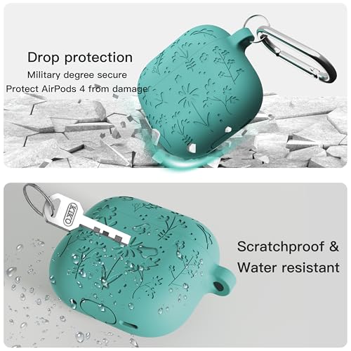 DamonLight Flora Engraved Case for AirPods 4 Cover Shock-Proof Protective Silicone Case with Keychain for Apple Airpods 4th Generation 2024 Released (Forest Green) - Image 4