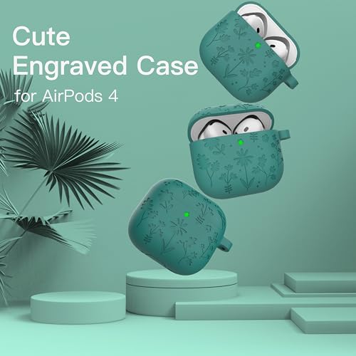 DamonLight Flora Engraved Case for AirPods 4 Cover Shock-Proof Protective Silicone Case with Keychain for Apple Airpods 4th Generation 2024 Released (Forest Green) - Image 2