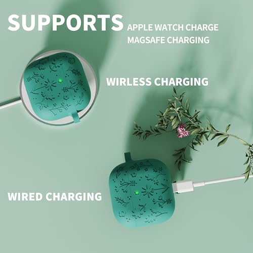 DamonLight Flora Engraved Case for AirPods 4 Cover Shock-Proof Protective Silicone Case with Keychain for Apple Airpods 4th Generation 2024 Released (Forest Green) - Image 5