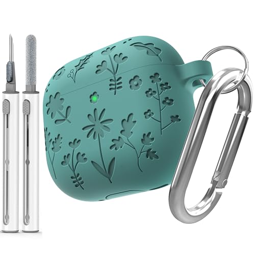 DamonLight Flora Engraved Case for AirPods 4 Cover Shock-Proof Protective Silicone Case with Keychain for Apple Airpods 4th Generation 2024 Released (Forest Green) - Image 1
