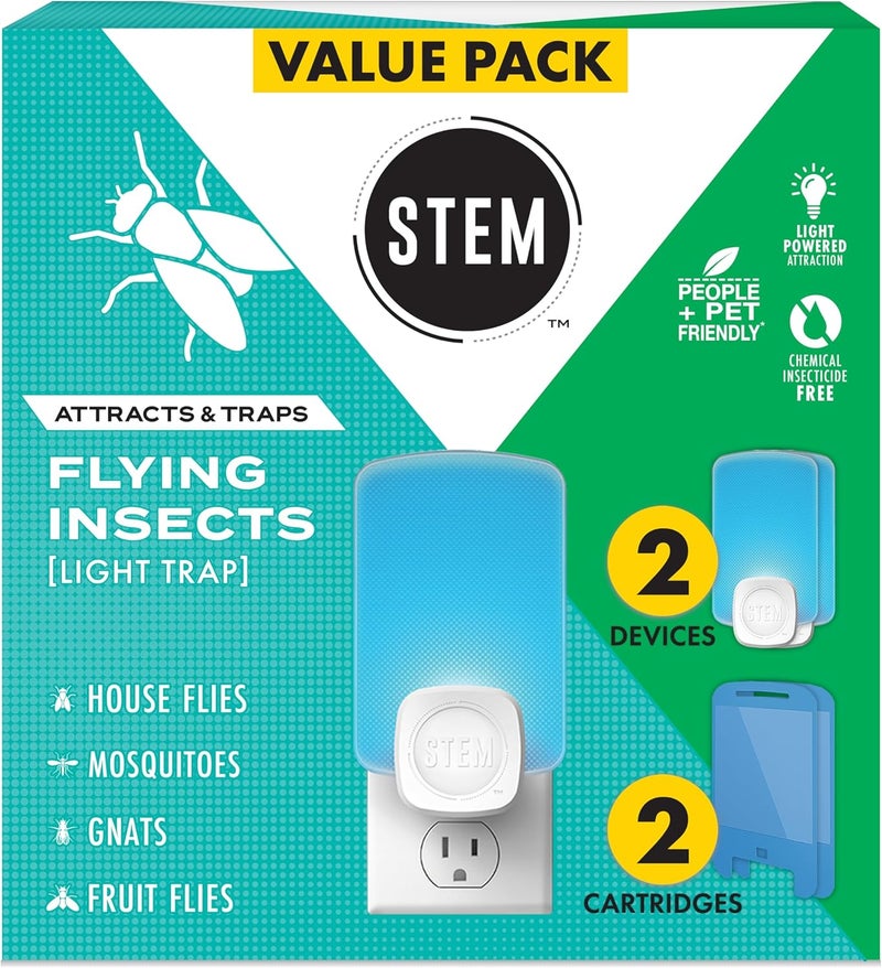 STEM Light Trap Indoor Fruit Fly Trap Effective Insect Control for Home Attracts and Traps Flying Insects Emits Soft Blue Light Starter Kit with 2 PlugIn Devices and 2 Cartridges