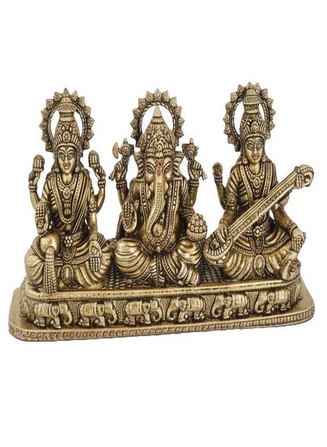 BEXCO Brass Laxmi Ganesh Saraswati Idol, Traditional Antique Gold Finish, 5.1 x 1.2 x 2.8 inches , 270 gms Hindu Religious Statue for Daily Worship - Image 1