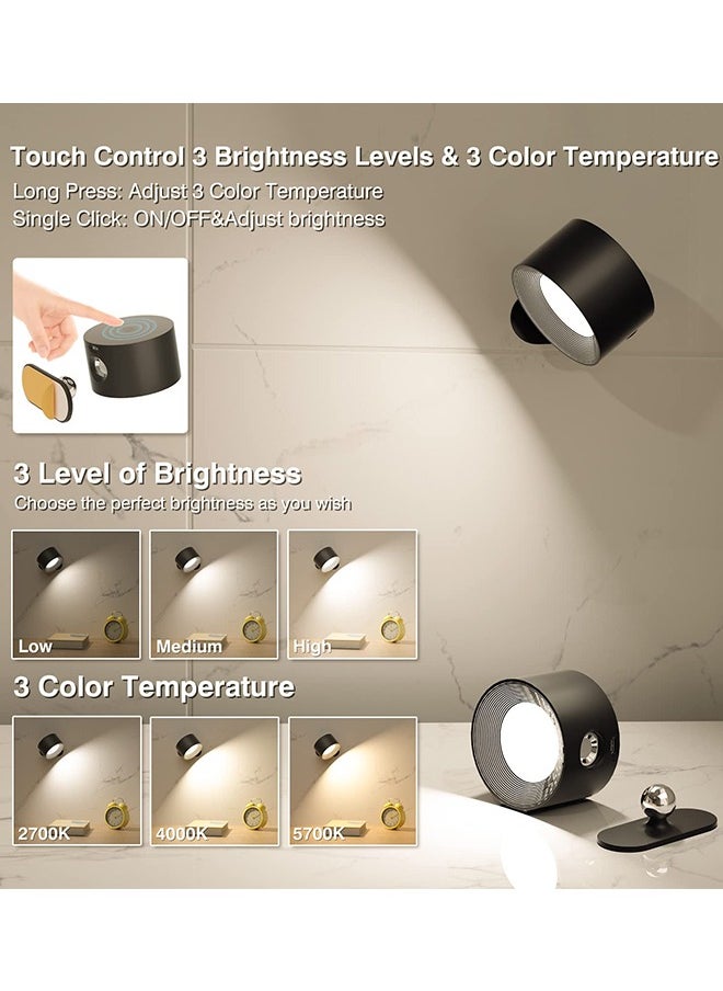 الروهيت شمعدان حائط LED ، مصباح مثبت على الحائط مع منفذ USB ، درجة حرارة 3 ألوان و 3 مستويات سطوع ، كرة مغناطيسية دوارة 360 درجة ، مصباح حائط لاسلكي لقراءة السرير ، أسود  - Image 2