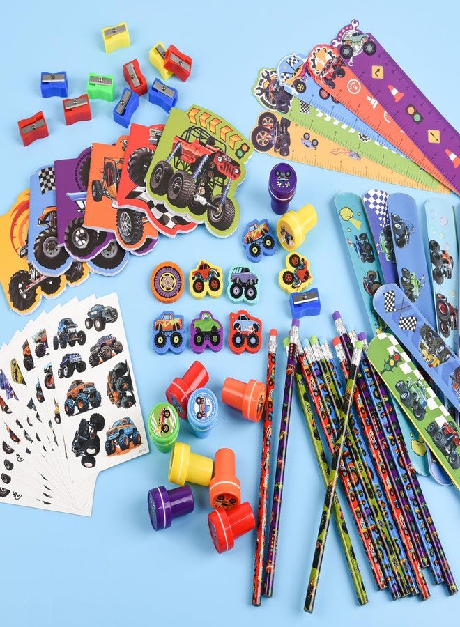 Ulema 24 Pack 216Pcs Monster Truck Party Favors , Race Car Themed School Stationery with Sticker Stamper Eraser Ruler Bulk for School , Stuffers Pinata Filler Supplies Classroom Prize - Image 4
