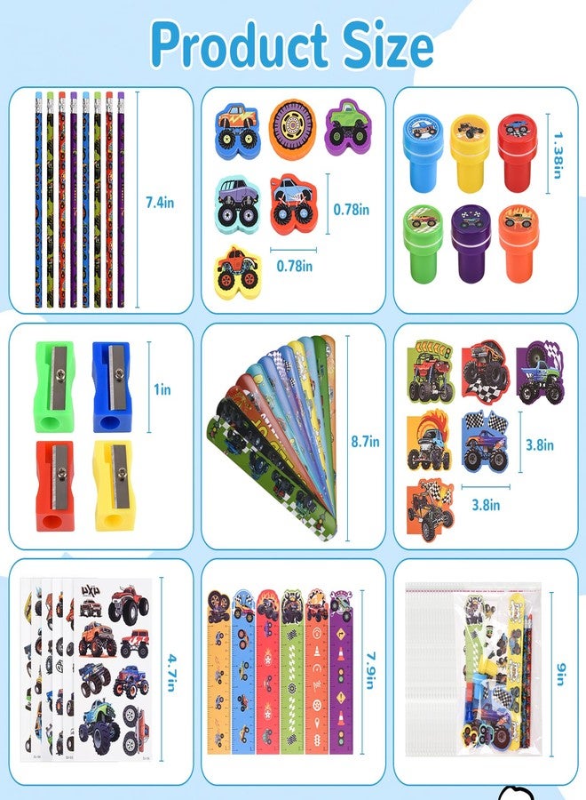 Ulema 24 Pack 216Pcs Monster Truck Party Favors , Race Car Themed School Stationery with Sticker Stamper Eraser Ruler Bulk for School , Stuffers Pinata Filler Supplies Classroom Prize - Image 3