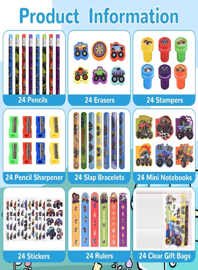 Ulema 24 Pack 216Pcs Monster Truck Party Favors , Race Car Themed School Stationery with Sticker Stamper Eraser Ruler Bulk for School , Stuffers Pinata Filler Supplies Classroom Prize - Image 2