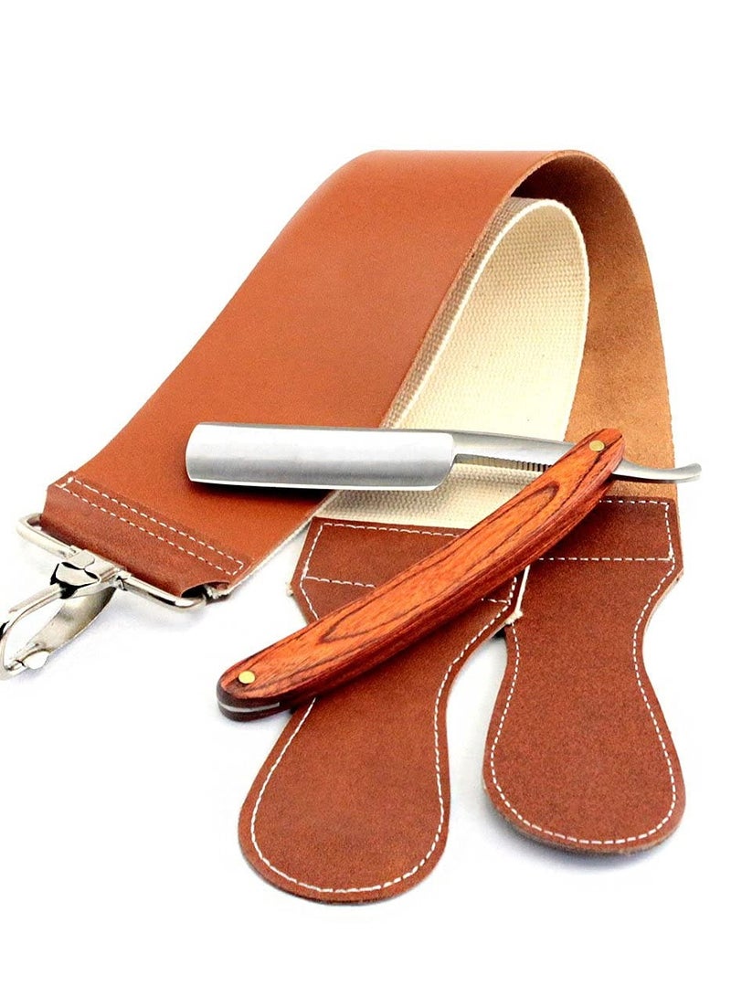 Grandslam Grandslam Pro Natural Wooden Handle 420 Stainless Steel Straight Razor with Premium Leather Strop,Straight Razor Shaving Kit for Men,2 Layers Leather Canvas Strop Sharpening Strop Brown - Image 1