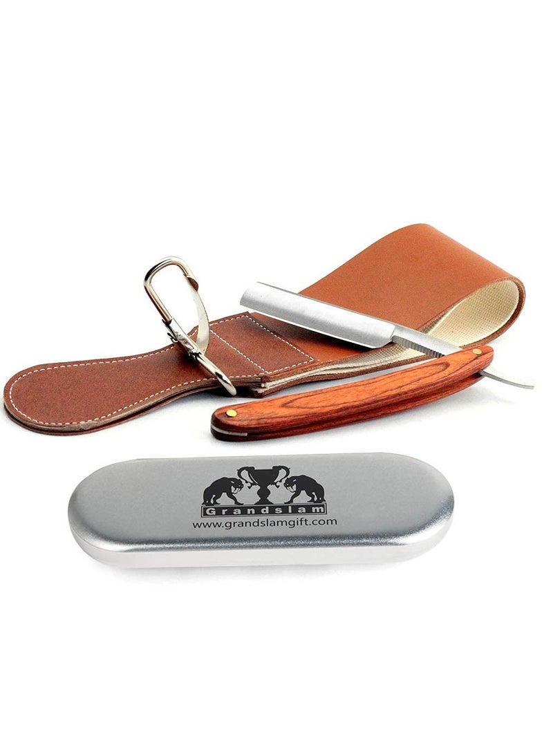 Grandslam Grandslam Pro Natural Wooden Handle 420 Stainless Steel Straight Razor with Premium Leather Strop,Straight Razor Shaving Kit for Men,2 Layers Leather Canvas Strop Sharpening Strop Brown - Image 3