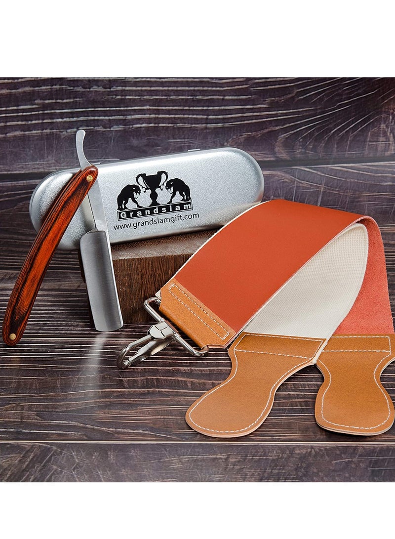 Grandslam Grandslam Pro Natural Wooden Handle 420 Stainless Steel Straight Razor with Premium Leather Strop,Straight Razor Shaving Kit for Men,2 Layers Leather Canvas Strop Sharpening Strop Brown - Image 5