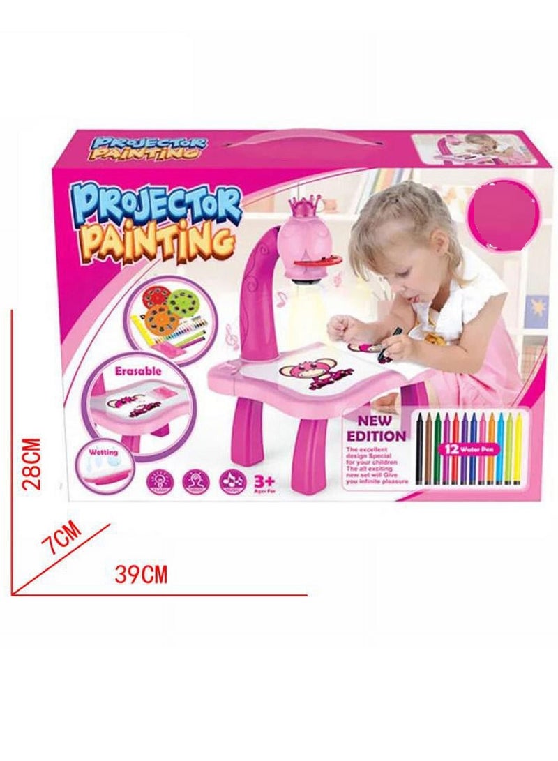 لعبة رسم بجهاز عرض بلاستيكي مع 24 نمطًا مختلفًا و12 قلمًا مائيًا و3 مصابيح وكتاب واحد وجهاز عرض بلاستيكي وردي اللون بحجم كبير 3 سنوات فما فوق - Image 4