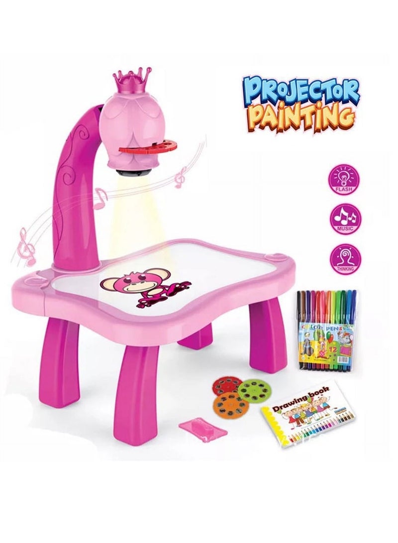 لعبة رسم بجهاز عرض بلاستيكي مع 24 نمطًا مختلفًا و12 قلمًا مائيًا و3 مصابيح وكتاب واحد وجهاز عرض بلاستيكي وردي اللون بحجم كبير 3 سنوات فما فوق - Image 1