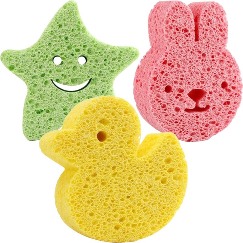 3pcs Bath Sponges Wood Pulp Cartoon Shower Sponges Small Bathing Accessories with Star Duck Bunny for Newborns - Image 1