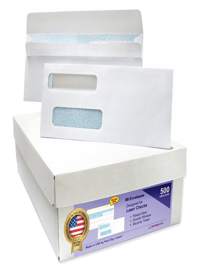 NextDayLabels #9 Double Window Check Envelopes - 500 Pack Ready-Seal Security Tinted Envelopes for QuickBooks, Sage 100, Blackbaud Checks - Self-Sealing Laser-Compatible - Made in USA - Image 1