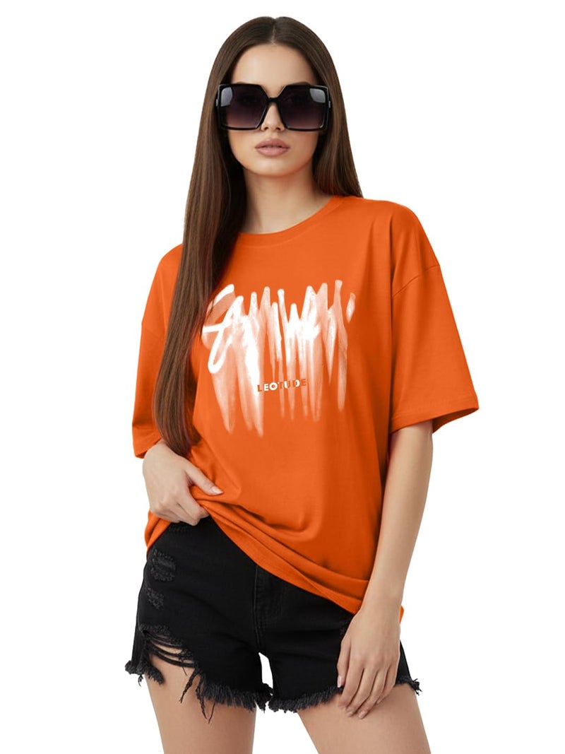 LEOTUDE Womens Cottonblend Half Sleeve Drop Shoulder Oversized Round Neck Chest Printed T-Shirts Top for Woman (GRL_FS49_ORARNGE_SUMWON_P_Orange_L) - Image 5