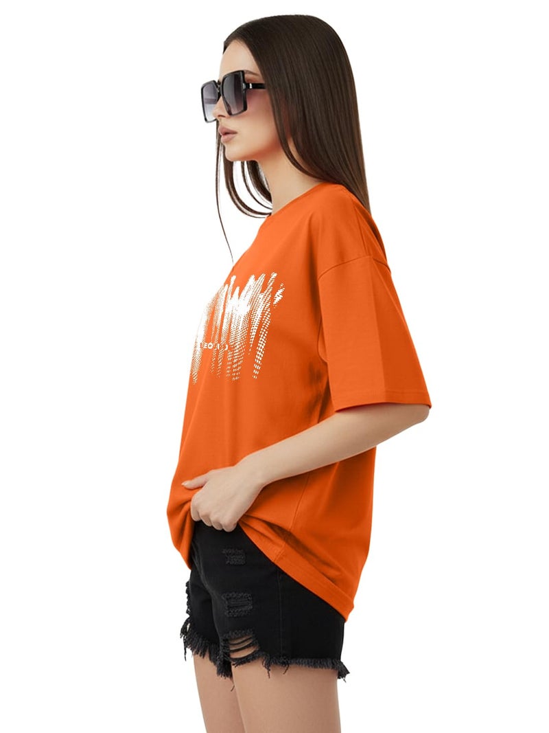 LEOTUDE Womens Cottonblend Half Sleeve Drop Shoulder Oversized Round Neck Chest Printed T-Shirts Top for Woman (GRL_FS49_ORARNGE_SUMWON_P_Orange_L) - Image 2