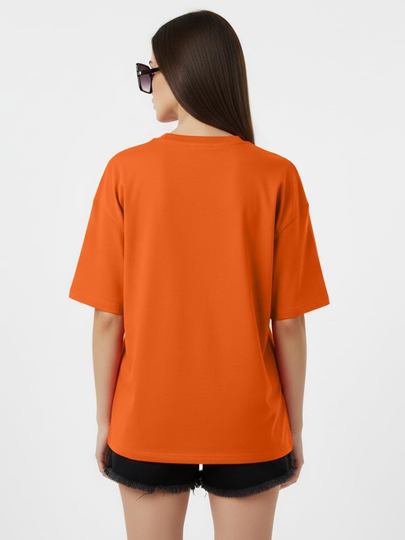 LEOTUDE Womens Cottonblend Half Sleeve Drop Shoulder Oversized Round Neck Chest Printed T-Shirts Top for Woman (GRL_FS49_ORARNGE_SUMWON_P_Orange_L) - Image 3