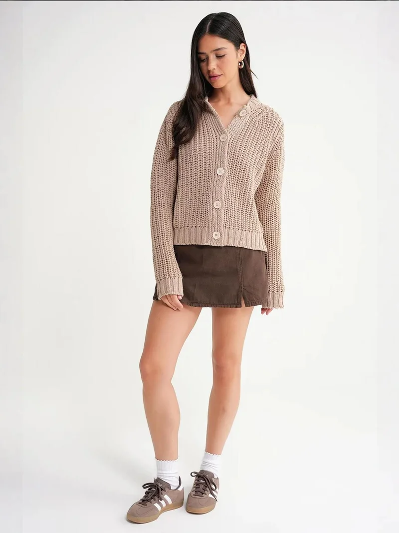 MixRay Mixray Textured Ribbed Knit Cardigan with Buttons