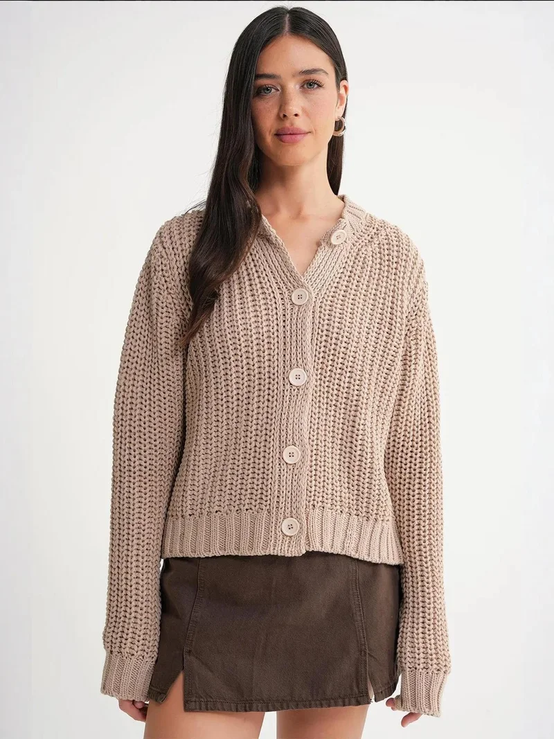 Mixray Textured Ribbed Knit Cardigan with Buttons