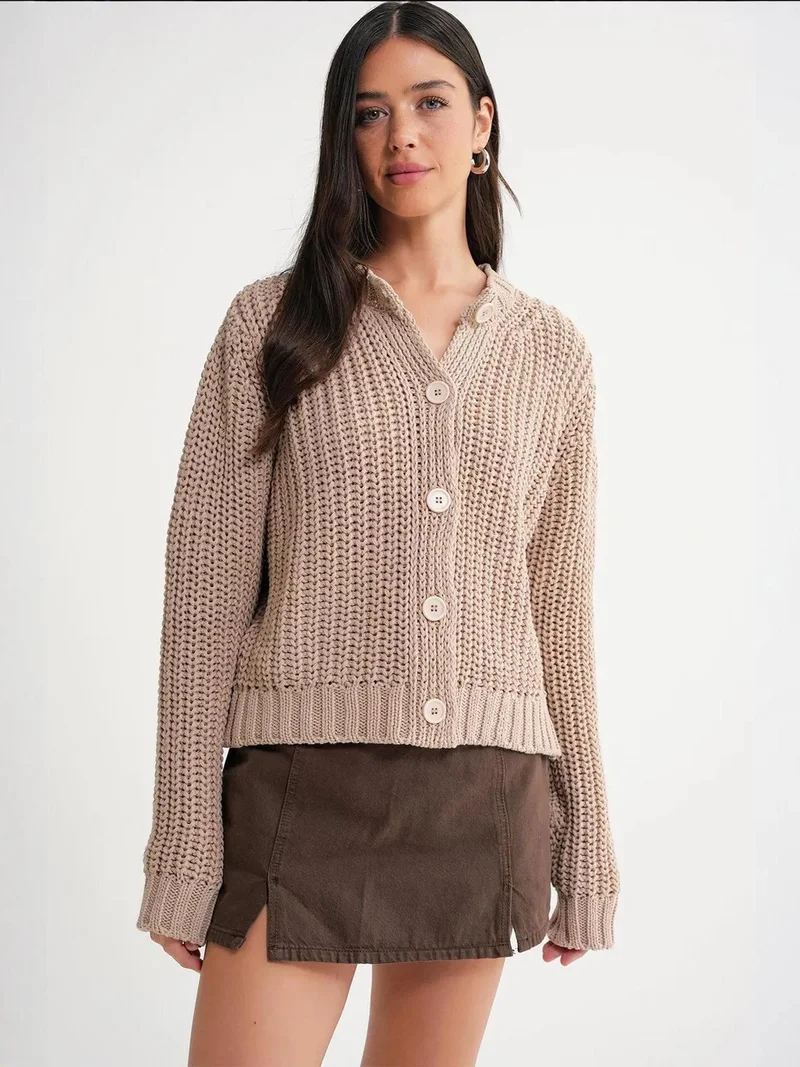 Mixray Tan Natural Mixray Textured Ribbed Knit Cardigan with Buttons for Women | Best Price UAE