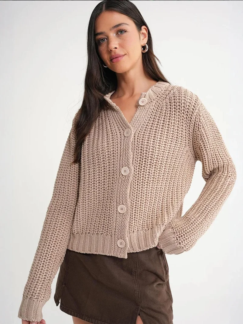Mixray Tan Natural Mixray Textured Ribbed Knit Cardigan with Buttons for Women | Best Price UAE