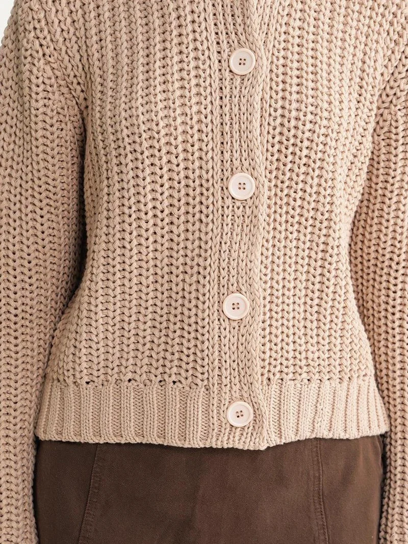 Mixray Tan Natural Mixray Textured Ribbed Knit Cardigan with Buttons for Women | Best Price UAE