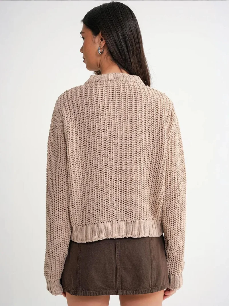 Mixray Tan Natural Mixray Textured Ribbed Knit Cardigan with Buttons for Women | Best Price UAE