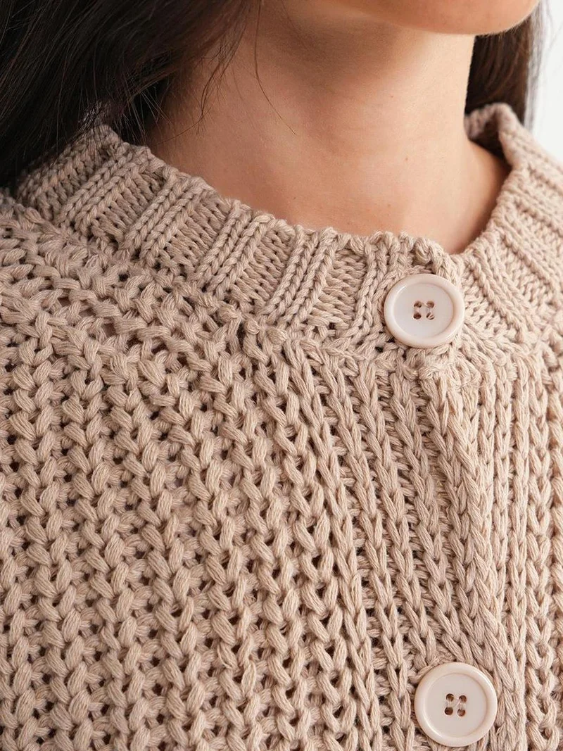 Mixray Tan Natural Mixray Textured Ribbed Knit Cardigan with Buttons for Women | Best Price UAE