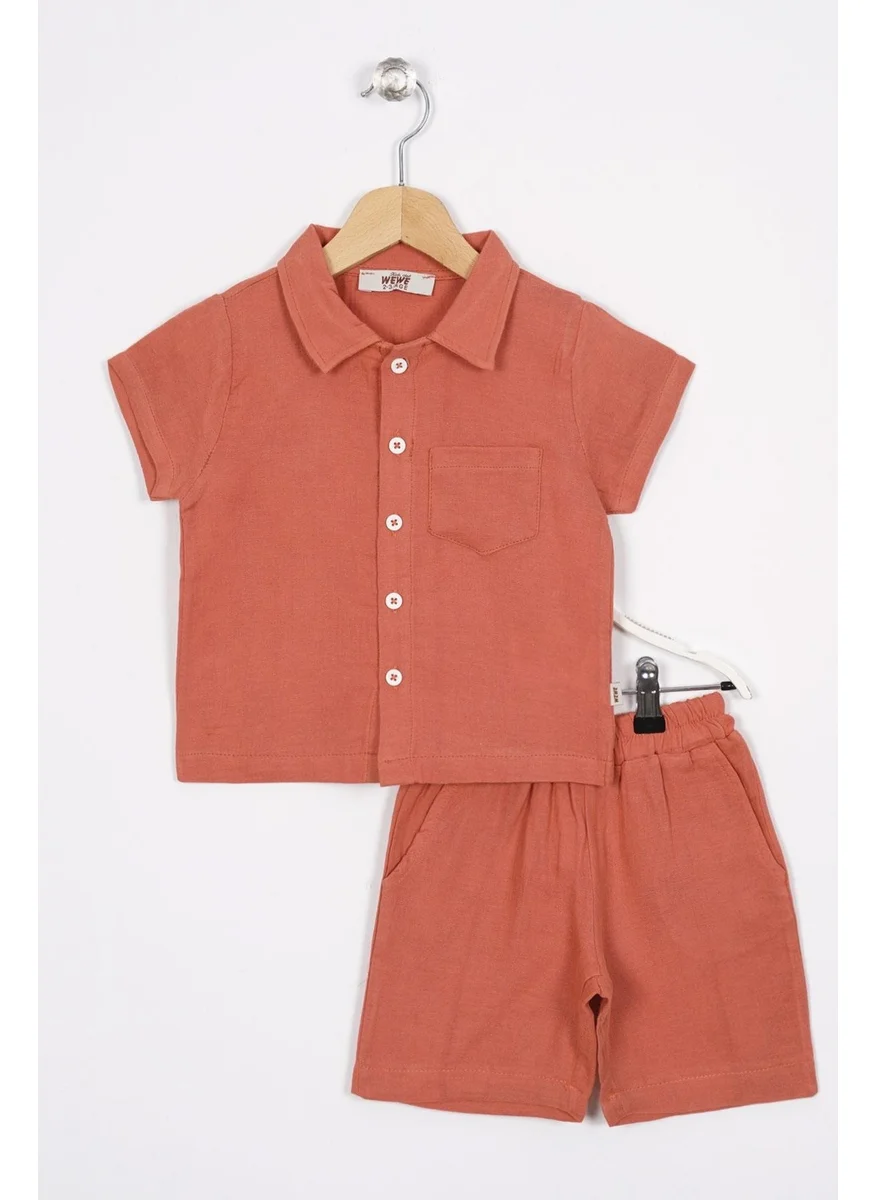 Zepkids Shirt Collar Short Sleeve Red Color Boy Shorts Set