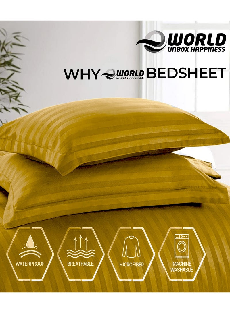 إي وورلد طقم فراش فاخر مكون من 4 قطع بتصميم مخطط باللون الذهب، يشمل 1 شرشف سرير عادي، 1 شرشف سرير مطاطي، و2 غطاء وسادة لراحة فاخرة مستوحاة من أجواء الفنادق، ومتوفر بأحجام كينج، كوين، وفردي. - Image 3