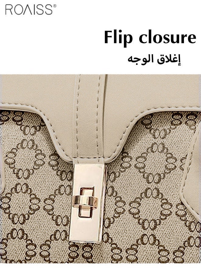 roaiss Women's Fashionable Printed Flip Handbag Elegant Retro Pu Leather Shoulder Bag Detachable Strap Crossbody Bag Tote Bag Waterproof Beige Zipper Buckle  - Image 2