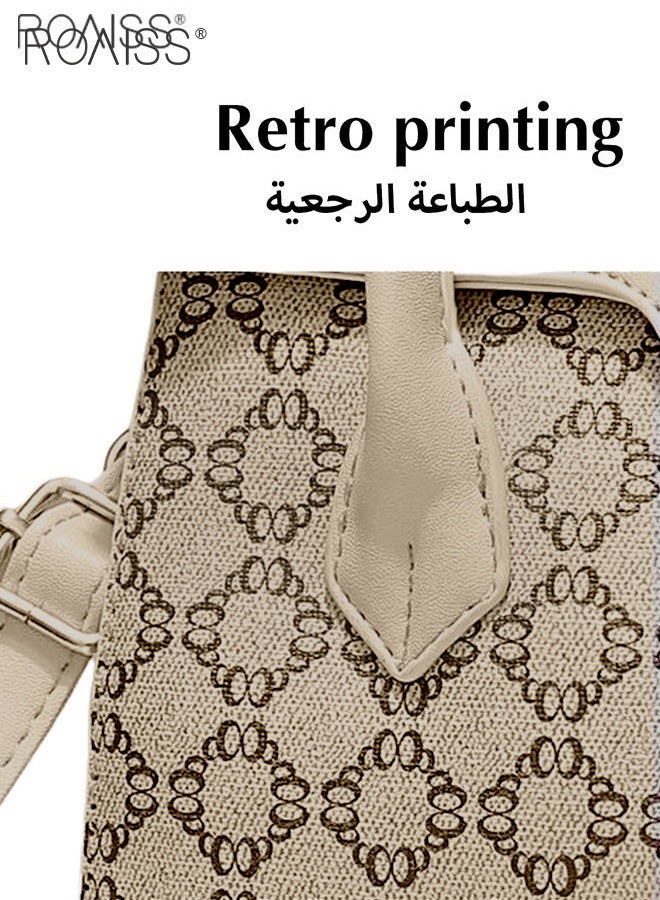 roaiss Women's Fashionable Printed Flip Handbag Elegant Retro Pu Leather Shoulder Bag Detachable Strap Crossbody Bag Tote Bag Waterproof Beige Zipper Buckle  - Image 3