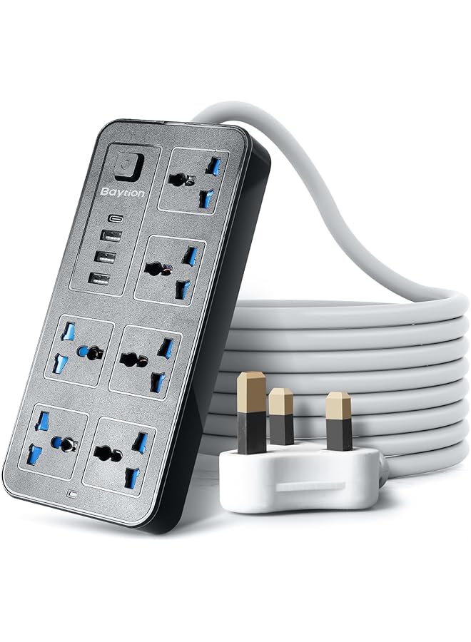 Baytion Universal Extension Lead with Multiple Function,UK Plug 3 Pin Socket Outlet with 6 Gang | 3 USB Port | 1 Type-C Port,1.8M Electric Socket Mains Strip for Home,Kitchen,and Office (Black) - Image 1